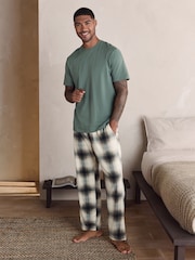Sage Green / Neutral Stone Check Motionflex Cosy Short Sleeve Pyjamas Set - Image 1 of 16