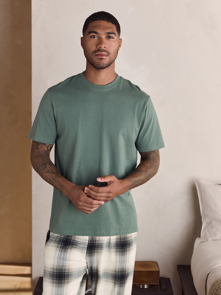 Sage Green / Neutral Stone Check Motionflex Cosy Short Sleeve Pyjamas Set - Image 2 of 16 Sage Green / Neutral Stone Check Motionflex Cosy Short Sleeve Pyjamas Set - Image 2 of 16