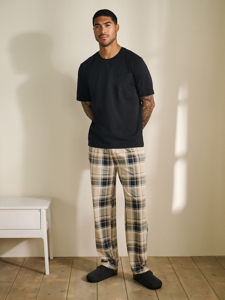 Neutral/Black Check Short Sleeve Jersey Pyjamas Set - Image 1 of 13 Neutral/Black Check Short Sleeve Jersey Pyjamas Set - Image 1 of 13