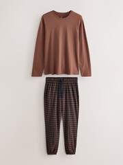 Rust Orange/Navy Blue Long Sleeve Thermal Fleece Pyjamas Set - Image 1 of 5