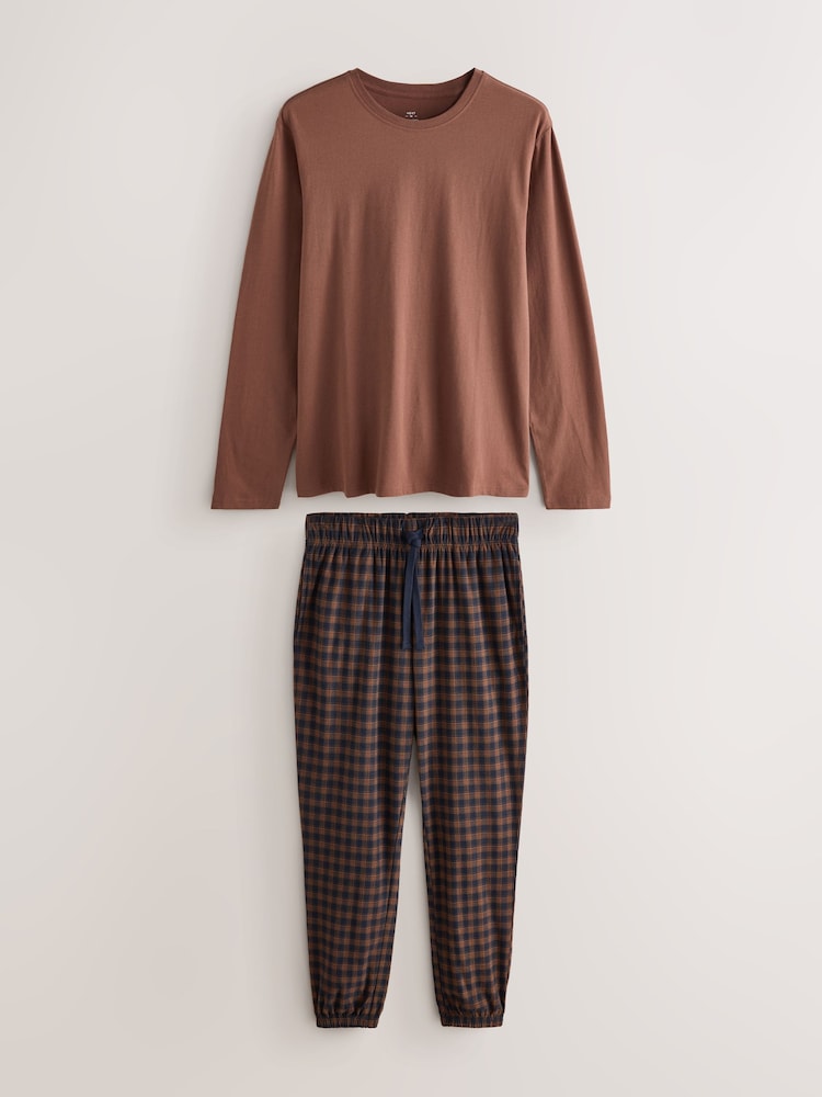 Rust Orange/Navy Blue Long Sleeve Thermal Fleece Pyjamas Set - Image 1 of 5