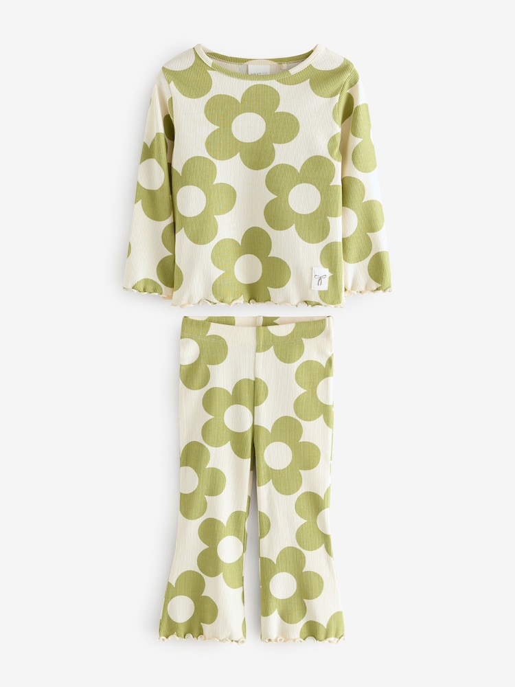 Green Flare Rib Flower Print Top and Leggings Set 2 Piece - Image 1 of 3
