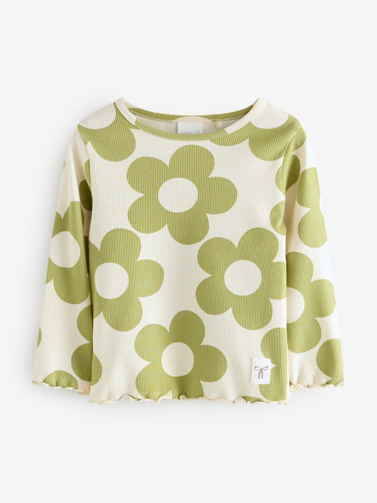 Green Flare Rib Flower Print Top and Leggings Set 2 Piece - Image 2 of 3