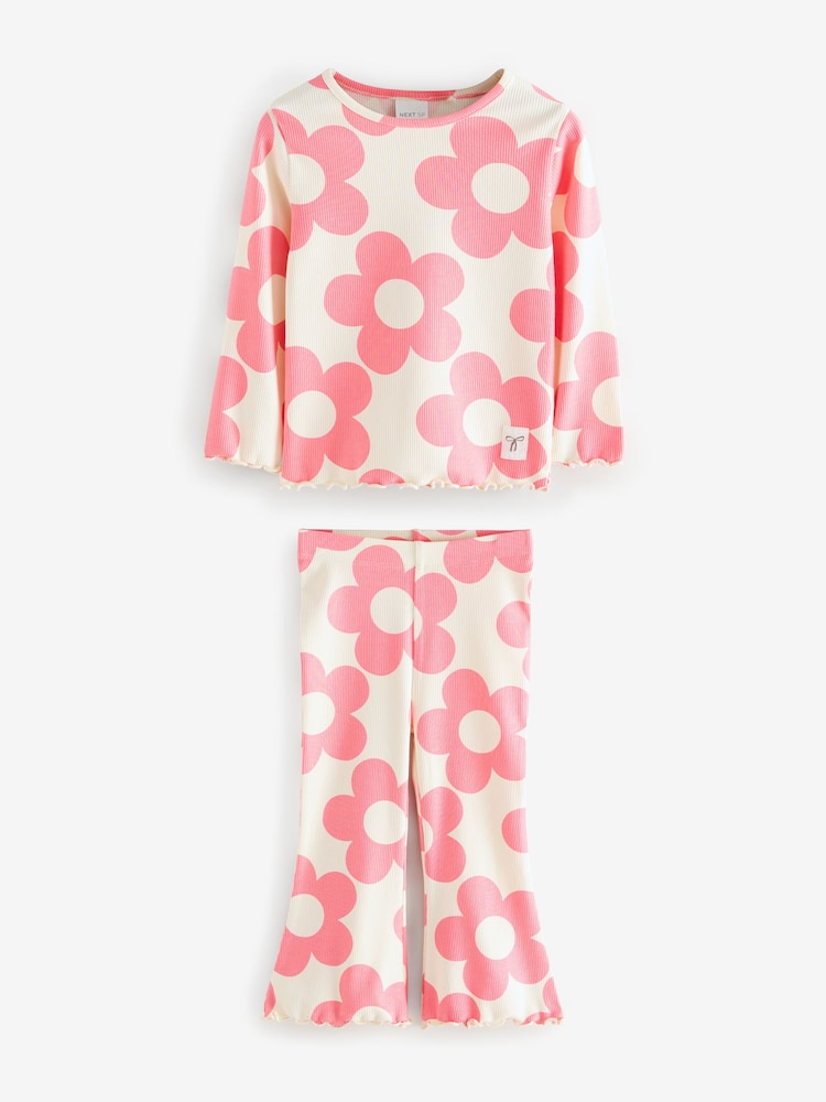 Pink Flare Rib Flower Print Top and Leggings Set 2 Piece - Image 1 of 3