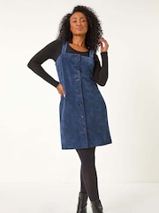 Roman Blue Petite Corduroy Pinafore Button Dress - Image 2 of 5