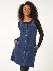 Roman Blue Petite Corduroy Pinafore Button Dress - Image 4 of 5