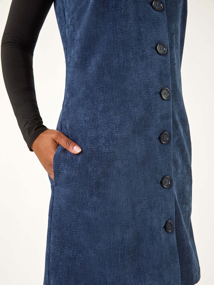 Roman Blue Petite Corduroy Pinafore Button Dress - Image 5 of 5