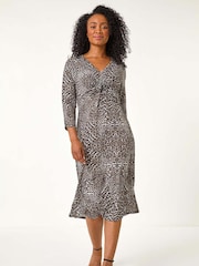 Roman Brown Petite Animal Print Twist Detail Midi Dress - Image 1 of 5