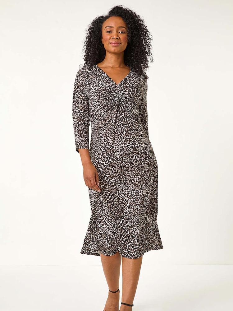 Roman Brown Petite Animal Print Twist Detail Midi Dress - Image 1 of 5