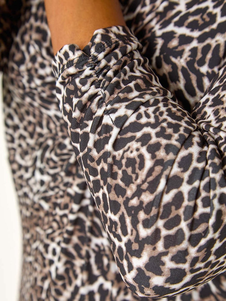 Roman Brown Petite Animal Print Twist Detail Midi Dress - Image 5 of 5