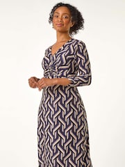 Roman Blue Petite Geo Print Twist Front Midi Dress - Image 1 of 5
