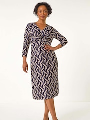 Roman Blue Petite Geo Print Twist Front Midi Dress - Image 2 of 5