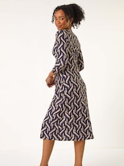 Roman Blue Petite Geo Print Twist Front Midi Dress - Image 3 of 5