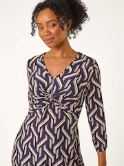 Roman Blue Petite Geo Print Twist Front Midi Dress - Image 4 of 5