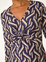 Roman Blue Petite Geo Print Twist Front Midi Dress - Image 5 of 5