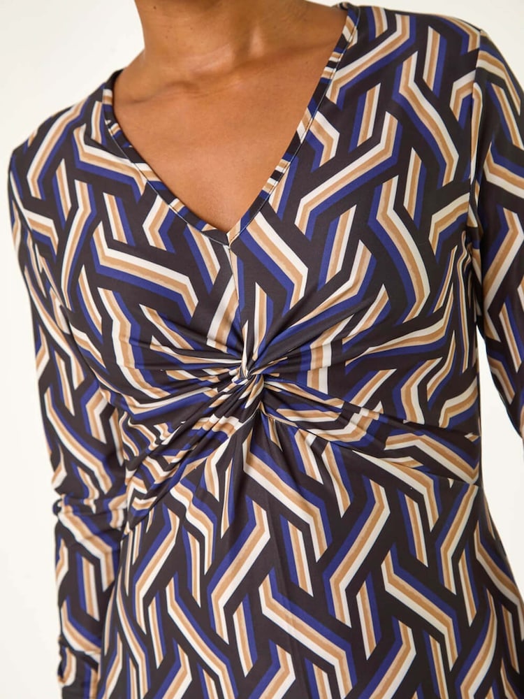 Roman Blue Petite Geo Print Twist Front Midi Dress - Image 5 of 5