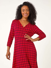 Roman Red Petite Geo Print Wrap Stretch Dress - Image 1 of 5