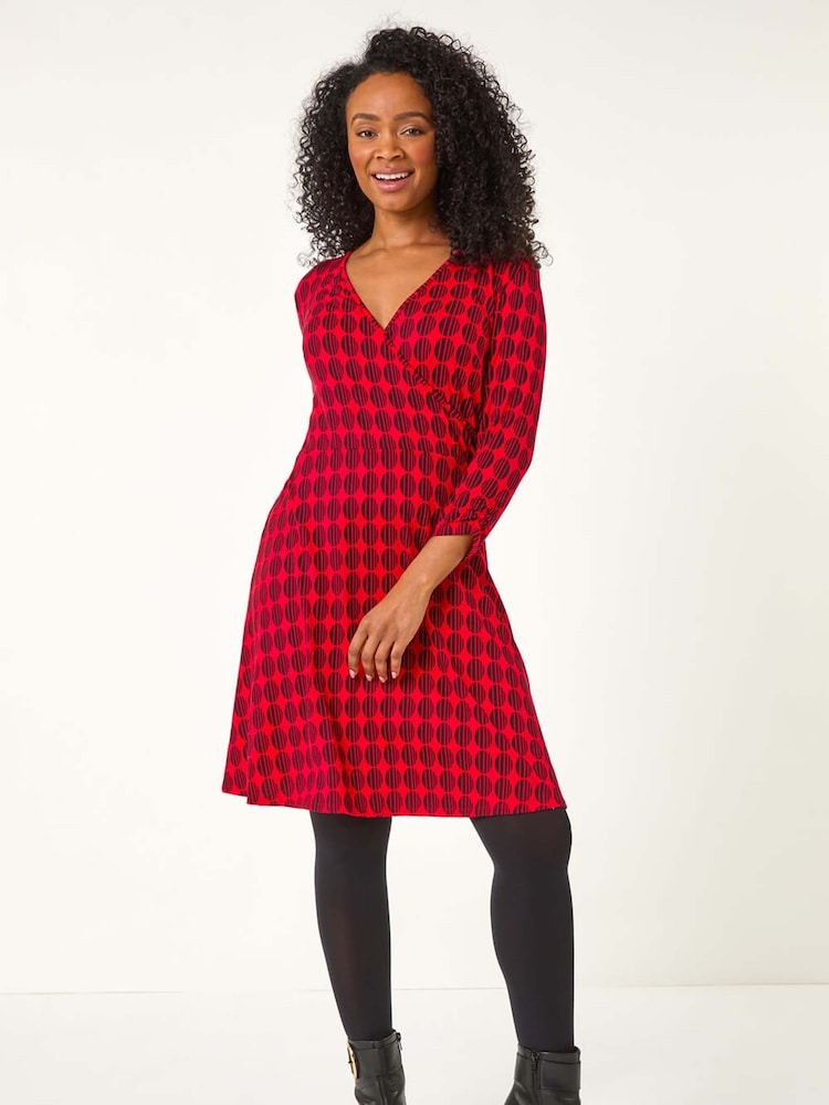 Roman Red Petite Geo Print Wrap Stretch Dress - Image 2 of 5