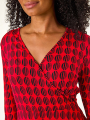 Roman Red Petite Geo Print Wrap Stretch Dress - Image 5 of 5