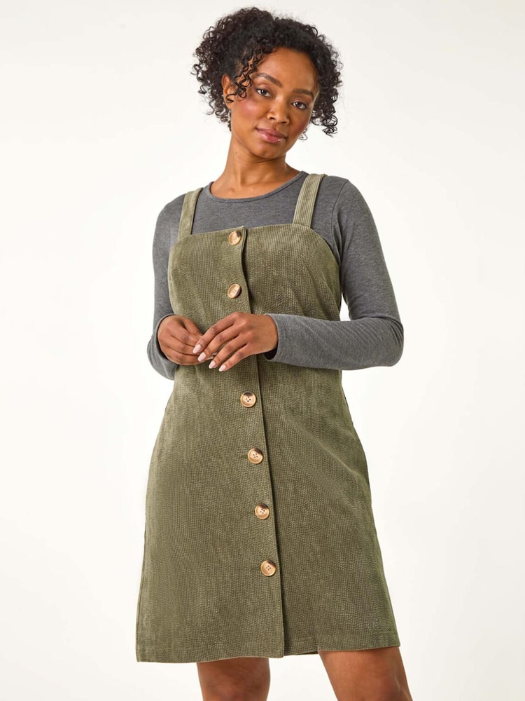 Roman Green Petite Corduroy Pinafore Button Dress - Image 1 of 5