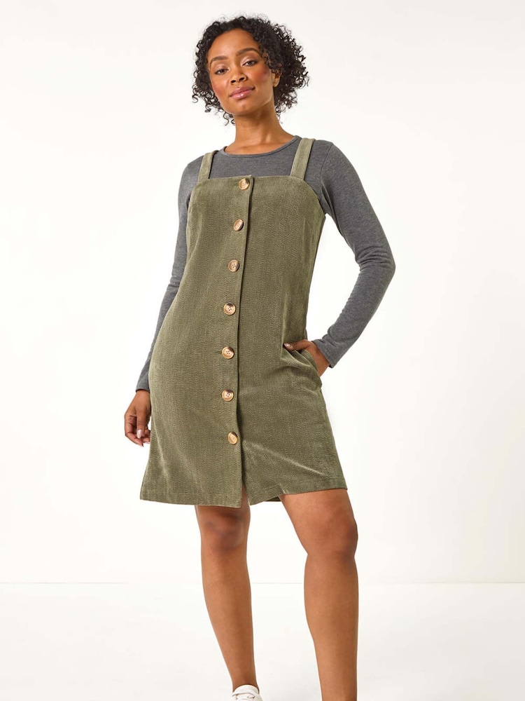 Roman Green Petite Corduroy Pinafore Button Dress - Image 2 of 5