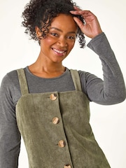 Roman Green Petite Corduroy Pinafore Button Dress - Image 4 of 5