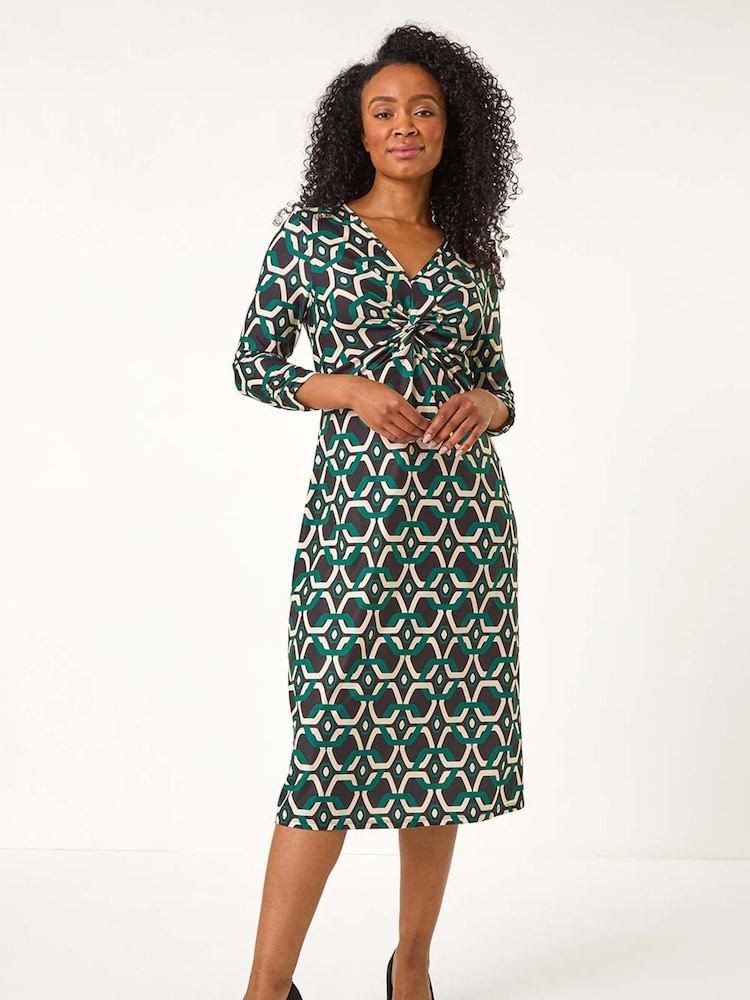 Roman Green Petite Geometric Twist Midi Dress - Image 1 of 5