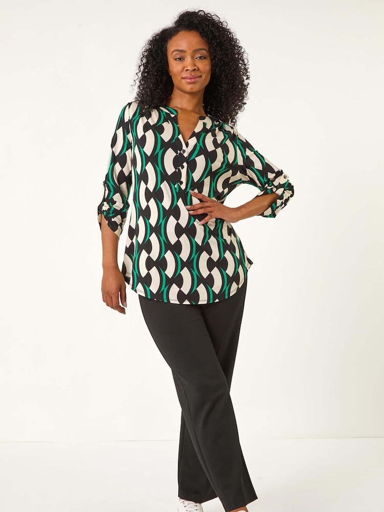 Roman Black Petite Geometric Print Button Up Shirt - Image 2 of 5