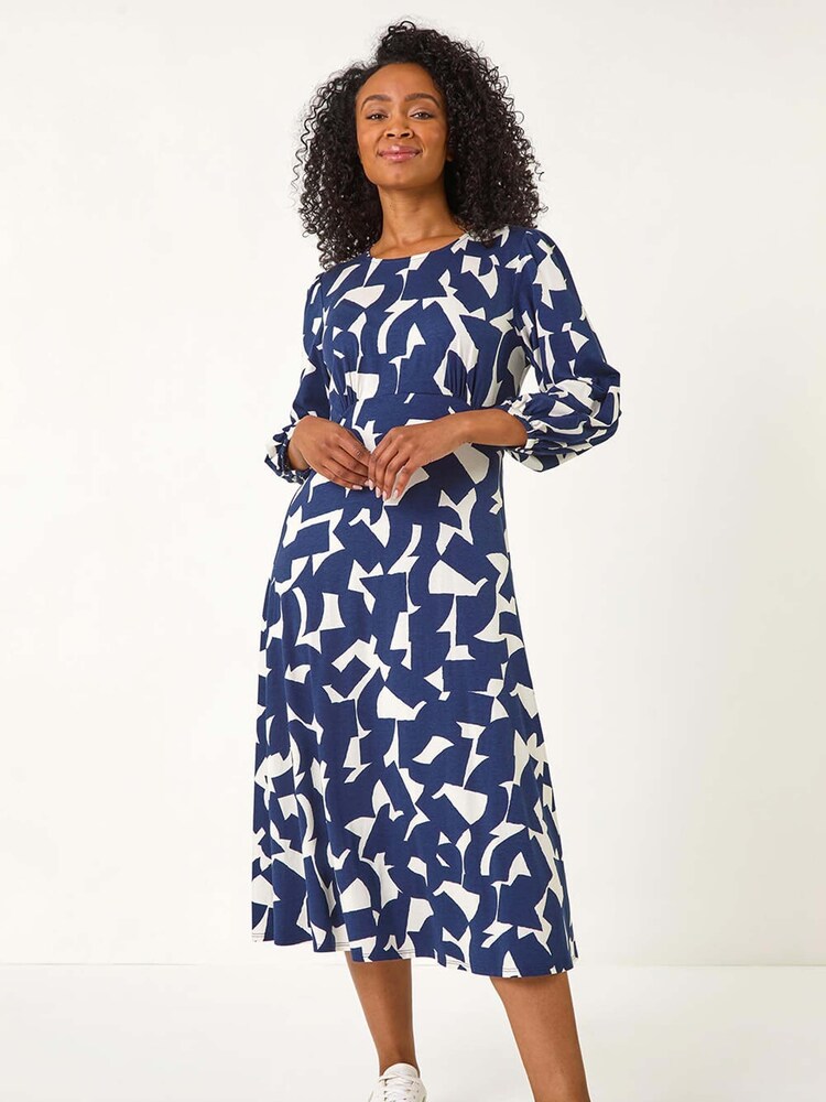 Roman Blue Petite Geometric Print Midi Stretch Dress - Image 1 of 5