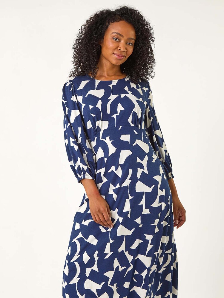 Roman Blue Petite Geometric Print Midi Stretch Dress - Image 2 of 5