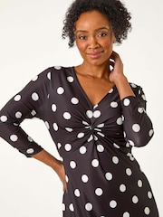 Roman Black Petite Spot Twist Front Midi Dress - Image 1 of 5
