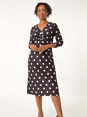 Roman Black Petite Spot Twist Front Midi Dress - Image 2 of 5