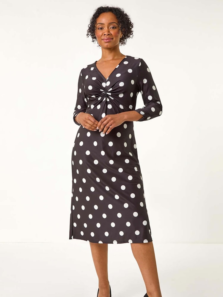 Roman Black Petite Spot Twist Front Midi Dress - Image 2 of 5