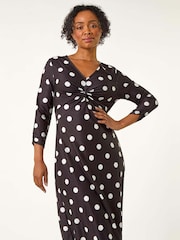 Roman Black Petite Spot Twist Front Midi Dress - Image 4 of 5