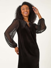 Roman Black Petite Constrast Sleeve Velvet Dress - Image 1 of 5
