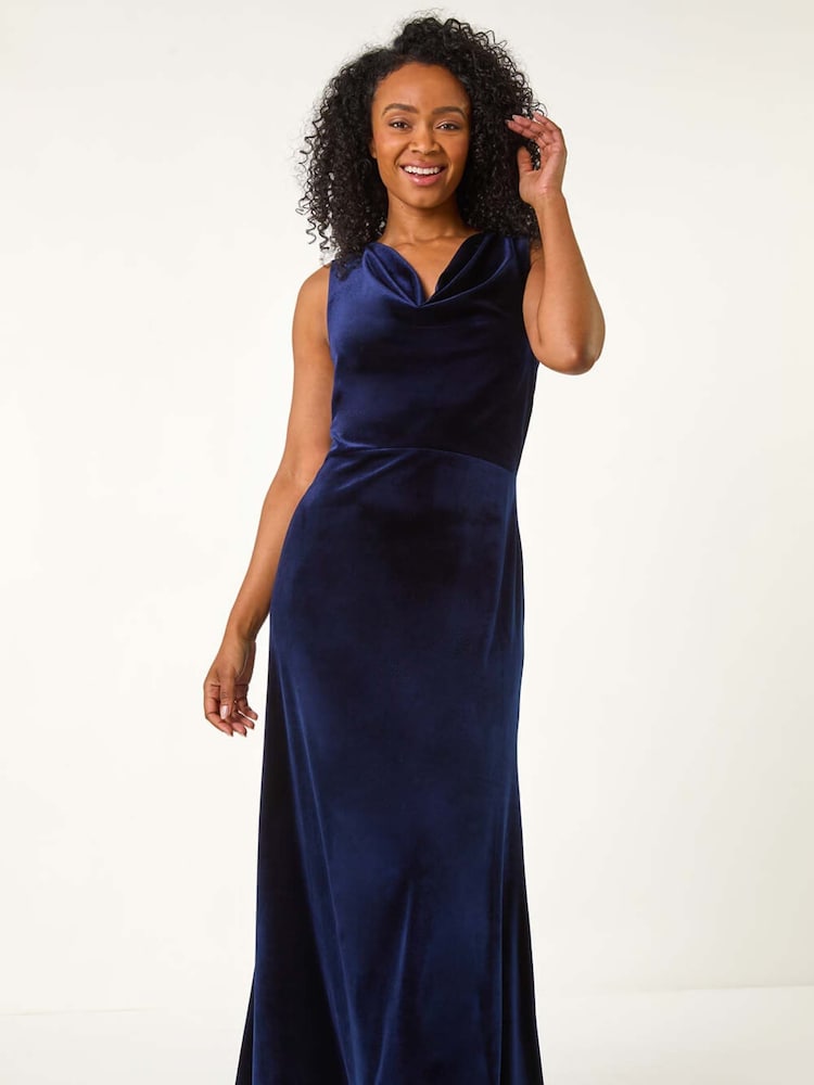 Roman Blue Petite Cowl Neck Velvet Maxi Dress - Image 2 of 5