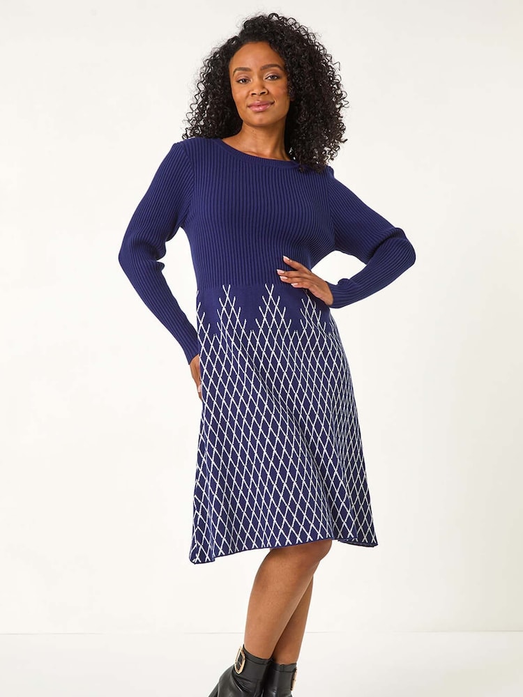 Roman Blue Petite Contrast Knit Dress - Image 1 of 5