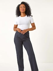 Roman Blue Petite Stripe Print Stretch Trousers - Image 2 of 5