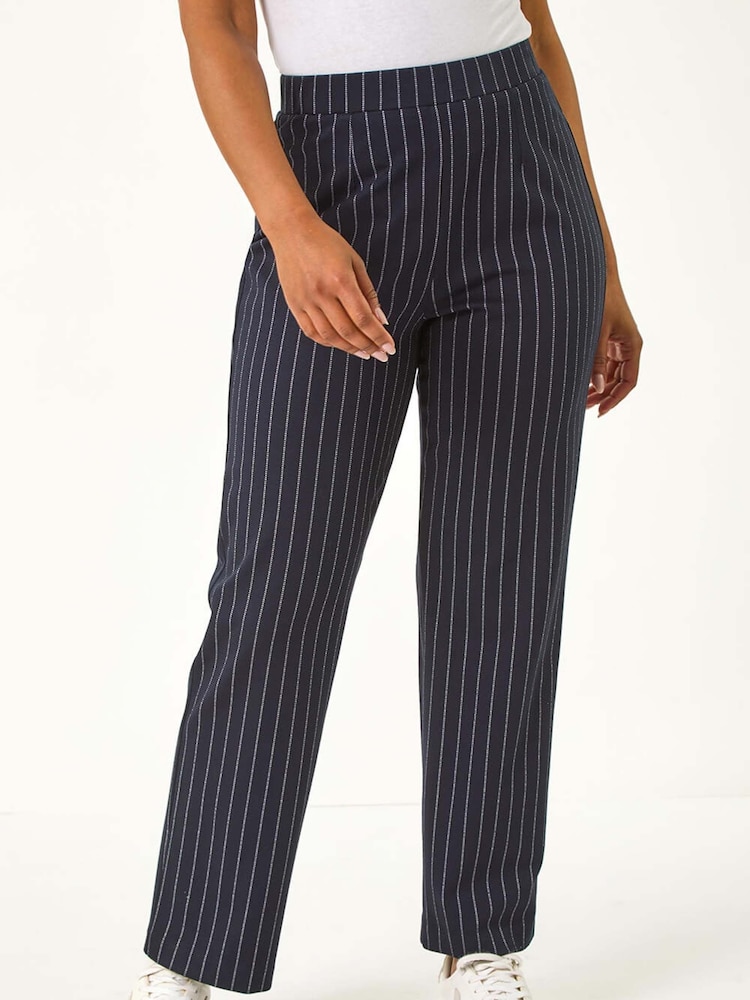 Roman Blue Petite Stripe Print Stretch Trousers - Image 4 of 5