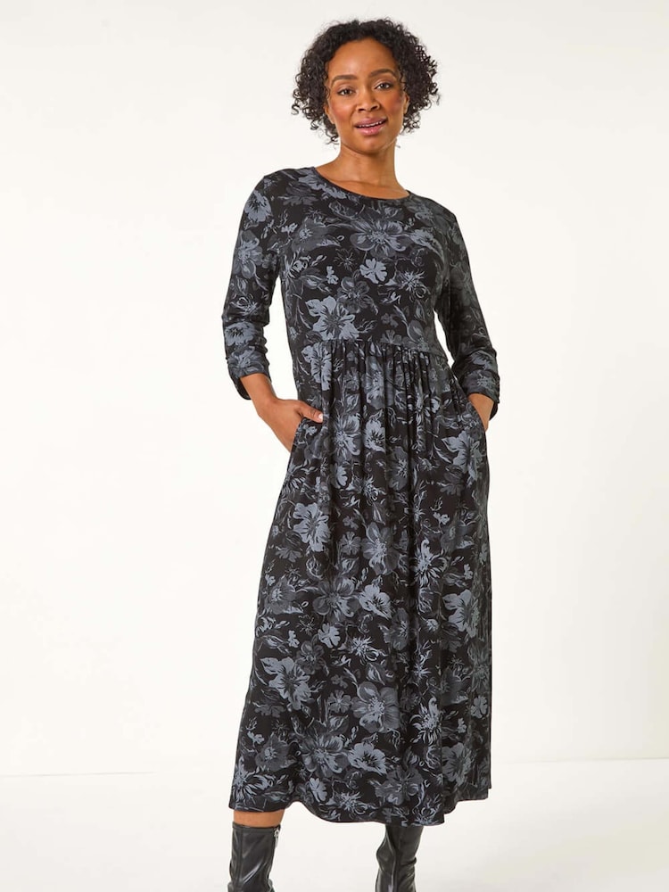 Roman Grey Petite Shadow Floral Midi Dress - Image 1 of 5