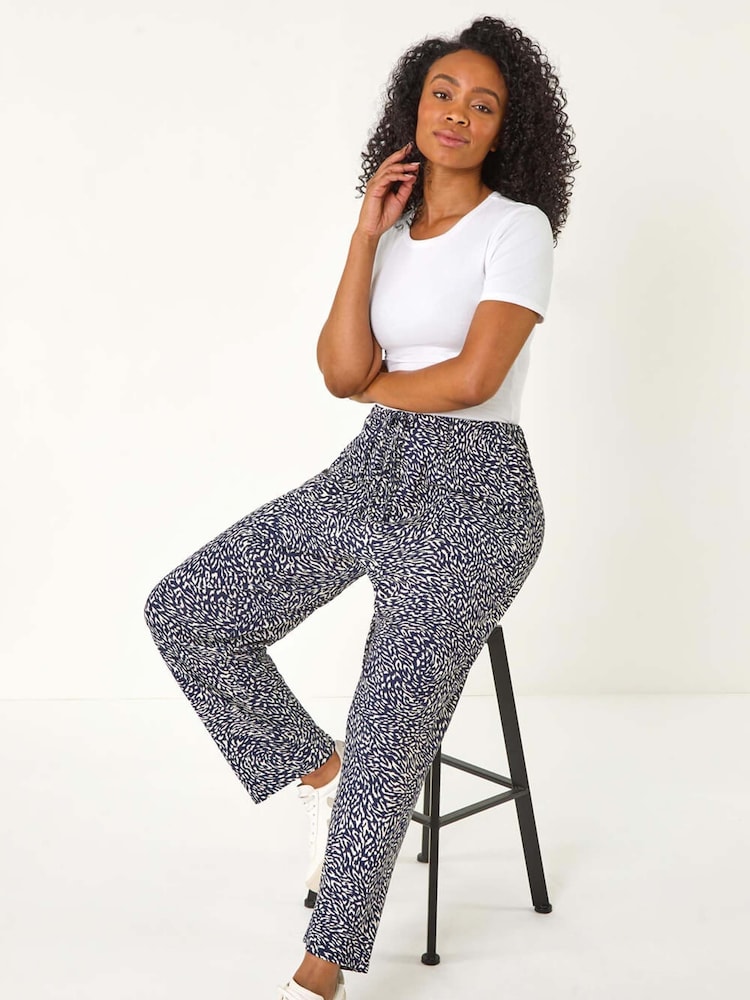 Roman Blue Petite Abstract Print Stretch Trousers - Image 1 of 5 Roman Blue Petite Abstract Print Stretch Trousers - Image 1 of 5