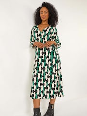 Roman Black Petite Geometric Print Tie Waist Midi Dress - Image 1 of 5