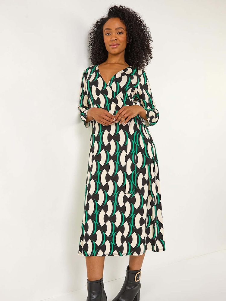 Roman Black Petite Geometric Print Tie Waist Midi Dress - Image 1 of 5
