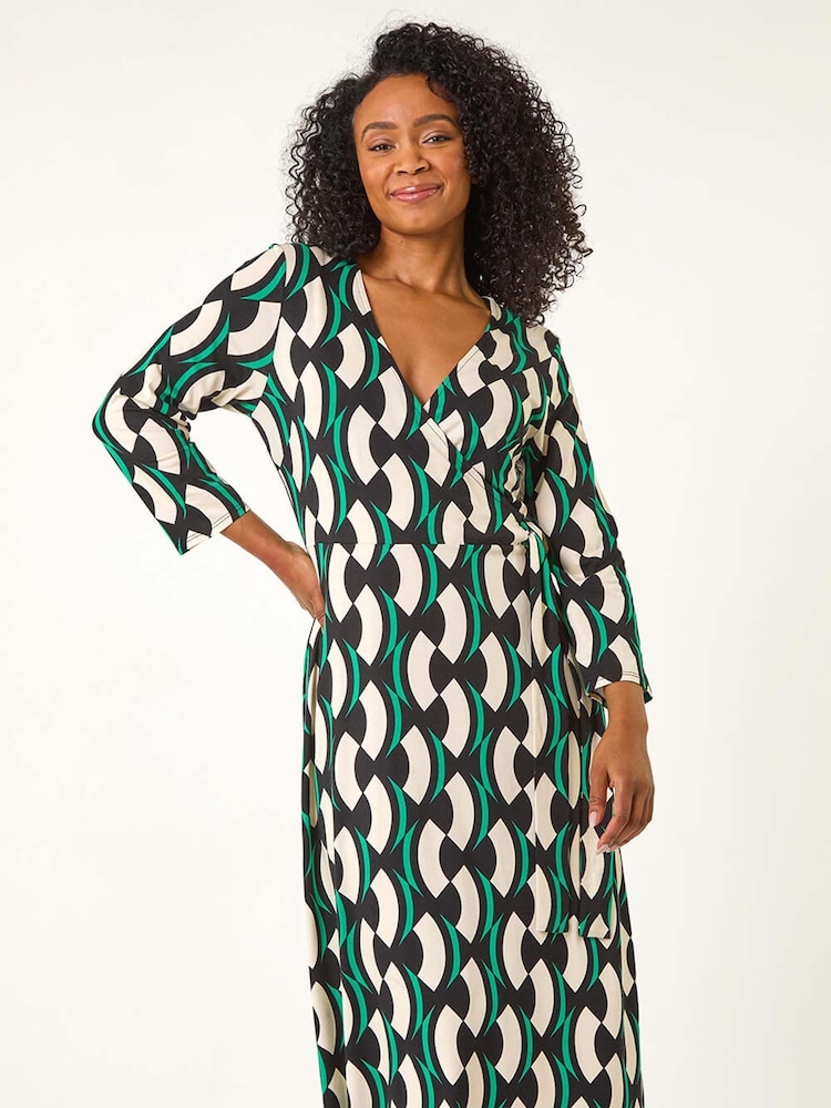 Roman Black Petite Geometric Print Tie Waist Midi Dress - Image 2 of 5