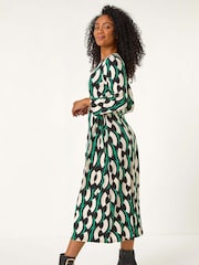 Roman Black Petite Geometric Print Tie Waist Midi Dress - Image 3 of 5