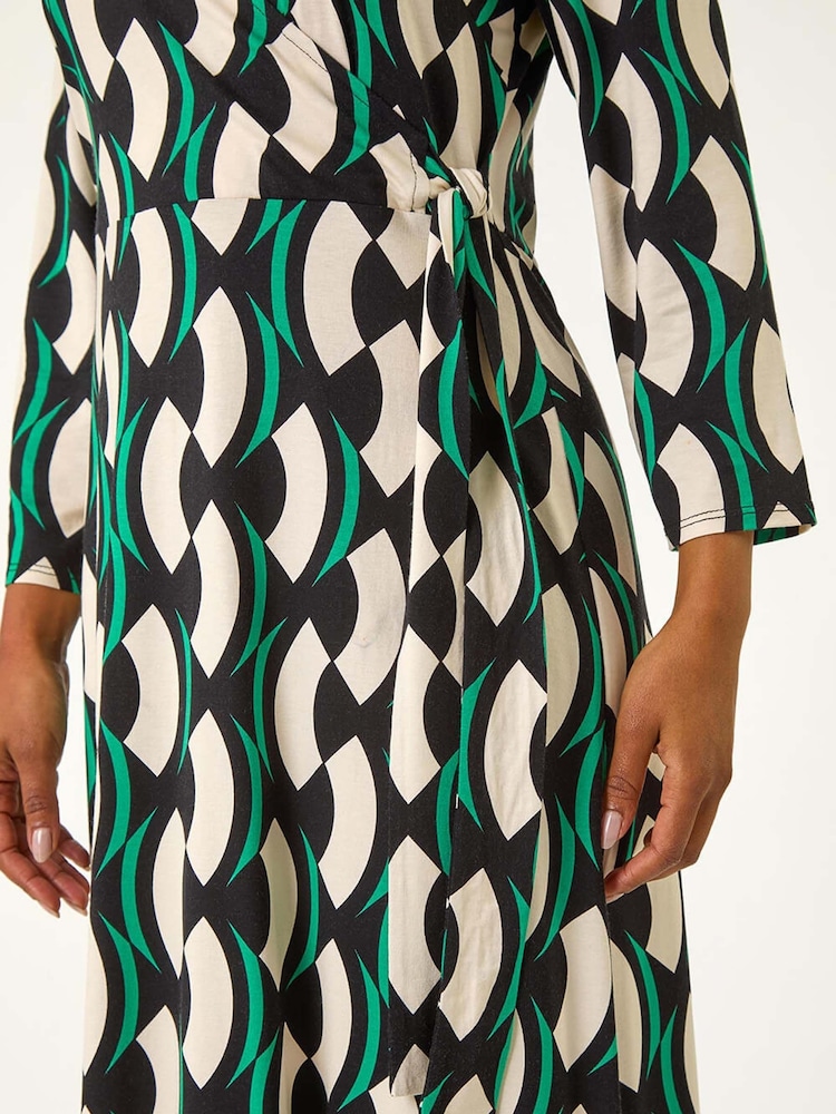 Roman Black Petite Geometric Print Tie Waist Midi Dress - Image 5 of 5