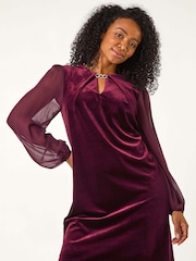 Roman Purple Petite Constrast Sleeve Velvet Dress - Image 1 of 5