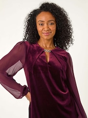 Roman Purple Petite Constrast Sleeve Velvet Dress - Image 4 of 5