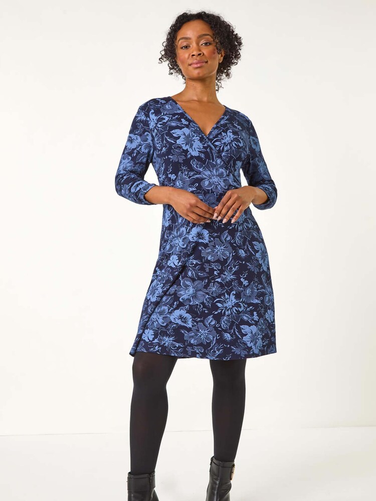 Roman Blue Petite Shadow Floral Wrap Stretch Dress - Image 2 of 5 Roman Blue Petite Shadow Floral Wrap Stretch Dress - Image 2 of 5