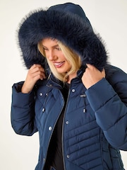Roman Blue Petite Faux Fur Hood Puffer Coat - Image 4 of 5